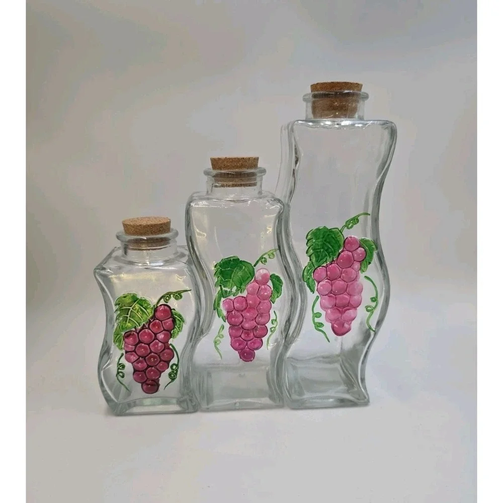 VTG Set 3 Clear‎ Glass Grape Painted Canisters Cork Lids Kitchen Farmhouse Decor